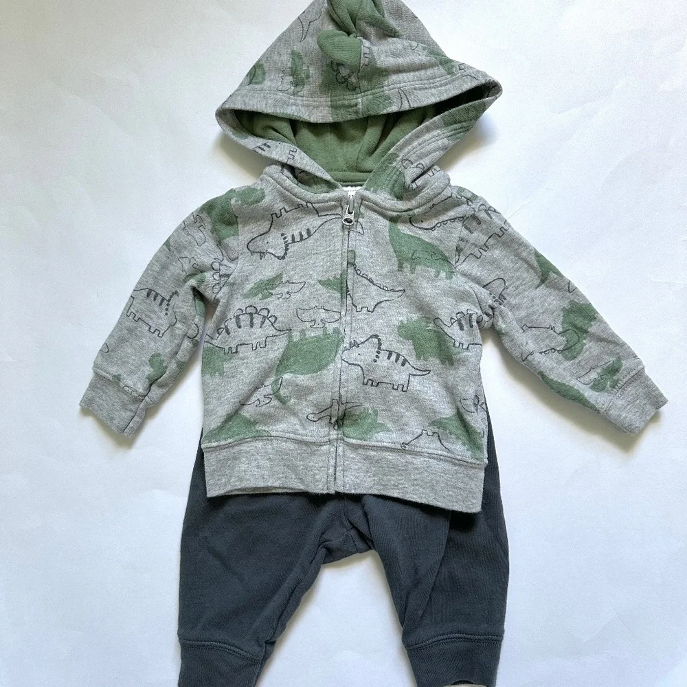 Baby Boy Matching Set Hoodie and Pants Size 3M Carter's Dinosaur Grey Green